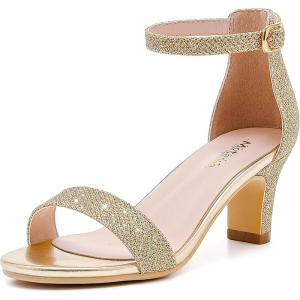imageGirls Heel Sandals Girl Dress Shoes Open Toe Ankle Strap High Heels Pump Sandals Wedding Party for Little Big KidGlitter Gold