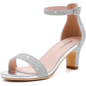 imageGirls Heel Sandals Girl Dress Shoes Open Toe Ankle Strap High Heels Pump Sandals Wedding Party for Little Big KidGlitter Silver