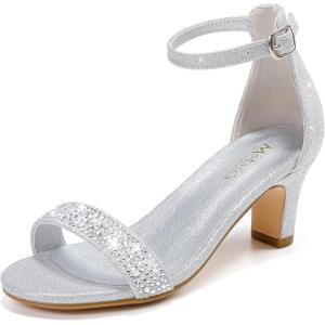 imageGirls Heel Sandals Girl Dress Shoes Open Toe Ankle Strap High Heels Pump Sandals Wedding Party for Little Big KidSilver