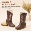 imageSparkly Glitter Cowgirl Cowboy Boots for Girls Little Kids Mid Calf Zipper Pointed Toes Low Heel Western Embroidery Party Birthday Toddler to Big KidDark Brown Pink