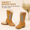 imageSparkly Glitter Cowgirl Cowboy Boots for Girls Little Kids Mid Calf Zipper Pointed Toes Low Heel Western Embroidery Party Birthday Toddler to Big KidTan Blue
