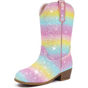 imageGlitter Girls Cowgirl Boots Sparkly Cowboy Dress Boots For Toddler To Big Kid Mid Calf Pointed Toe Dress Up Party Birthday Horse RidingRainbow Sequins