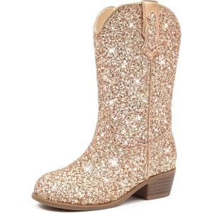 imageGlitter Girls Cowgirl Boots Sparkly Cowboy Dress Boots For Toddler To Big Kid Mid Calf Pointed Toe Dress Up Party Birthday Horse RidingRose Gold Sequins