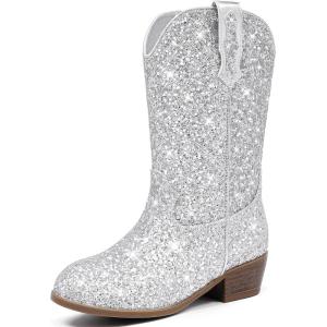 imageGlitter Girls Cowgirl Boots Sparkly Cowboy Dress Boots For Toddler To Big Kid Mid Calf Pointed Toe Dress Up Party Birthday Horse RidingSilver Sequins