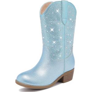 imageRhinestone Sparkly Girls Cowgirl Cowboy Boots Little Kids Dress Boot Pointed Toes Low Heel Mid Calf Zipper Party Birthday Toddler to Big KidBlue