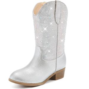 imageRhinestone Sparkly Girls Cowgirl Cowboy Boots Little Kids Dress Boot Pointed Toes Low Heel Mid Calf Zipper Party Birthday Toddler to Big KidSilver