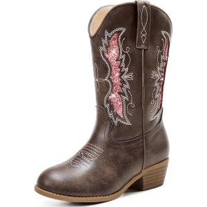 imageSparkly Glitter Cowgirl Cowboy Boots for Girls Little Kids Mid Calf Zipper Pointed Toes Low Heel Western Embroidery Party Birthday Toddler to Big KidDark Brown Pink