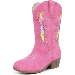 imageSparkly Glitter Cowgirl Cowboy Boots for Girls Little Kids Mid Calf Zipper Pointed Toes Low Heel Western Embroidery Party Birthday Toddler to Big KidPink Rainbow