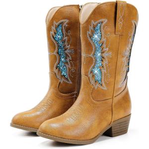 imageSparkly Glitter Cowgirl Cowboy Boots for Girls Little Kids Mid Calf Zipper Pointed Toes Low Heel Western Embroidery Party Birthday Toddler to Big KidTan Blue