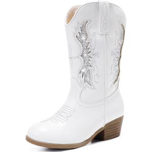 imageSparkly Glitter Cowgirl Cowboy Boots for Girls Little Kids Mid Calf Zipper Pointed Toes Low Heel Western Embroidery Party Birthday Toddler to Big KidWhite Silver