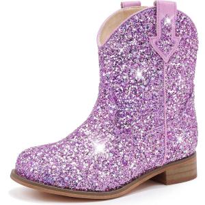 imageToddler Girls Cowgirl Boots Western Glitter Cowboy Boot Ankle Boots Little Kids Big Kid Horse Riding Shoes Party Birthday Dress UpPurple Glitter