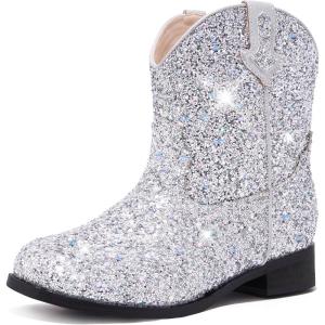 imageToddler Girls Cowgirl Boots Western Glitter Cowboy Boot Ankle Boots Little Kids Big Kid Horse Riding Shoes Party Birthday Dress UpSilver Glitter