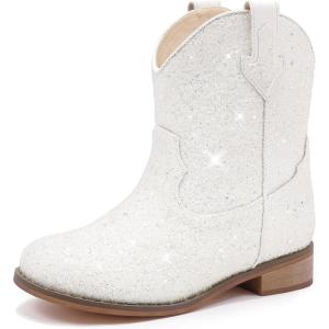 imageToddler Girls Cowgirl Boots Western Glitter Cowboy Boot Ankle Boots Little Kids Big Kid Horse Riding Shoes Party Birthday Dress UpWhite Shiny
