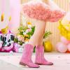 imageGirls Cowboy Boots Classic Western Floral Embroidery Sparkly Rhinestone Little Big Kids Cowgirl Boots Side Zipper Mid Calf Square Toe Toddler Girls Boot Riding Concert Party Wedding HalloweenRose Pink