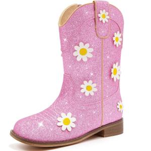 imageFloral Embroidered Girls Cowgirl Boots Western Cowboy Boots For Toddler To Big Kids Square Toe Mid Calf Side Zipper Horse Riding BirthdayDaisy Pink