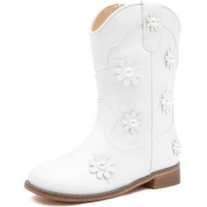 imageFloral Embroidered Girls Cowgirl Boots Western Cowboy Boots For Toddler To Big Kids Square Toe Mid Calf Side Zipper Horse Riding BirthdayPearl White