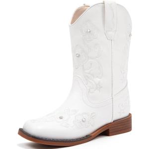 imageGirls Cowboy Boots Classic Western Floral Embroidery Sparkly Rhinestone Little Big Kids Cowgirl Boots Side Zipper Mid Calf Square Toe Toddler Girls Boot Riding Concert Party Wedding HalloweenWhite