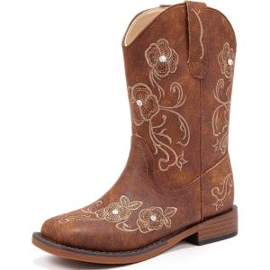 imageGirls Cowboy Boots Classic Western Floral Embroidery Sparkly Rhinestone Little Big Kids Cowgirl Boots Side Zipper Mid Calf Square Toe Toddler Girls Boot Riding Concert Party Wedding HalloweenBrown