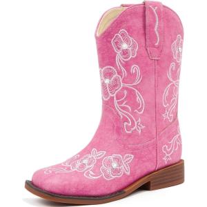 imageGirls Cowboy Boots Classic Western Floral Embroidery Sparkly Rhinestone Little Big Kids Cowgirl Boots Side Zipper Mid Calf Square Toe Toddler Girls Boot Riding Concert Party Wedding HalloweenRose Pink