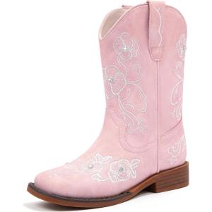 imageGirls Cowboy Boots Classic Western Floral Embroidery Sparkly Rhinestone Little Big Kids Cowgirl Boots Side Zipper Mid Calf Square Toe Toddler Girls Boot Riding Concert Party Wedding HalloweenLight Pink