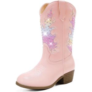 imageSparkly Rhinestone Cowgirl Boots Toddler to Big Kids Mid Calf Zipper Low Heel Pointed Toes Party Birthday Dress UpPu Pink
