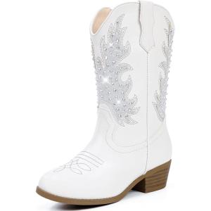imageSparkly Rhinestone Cowgirl Boots Toddler to Big Kids Mid Calf Zipper Low Heel Pointed Toes Party Birthday Dress UpPu White
