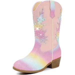 imageSparkly Rhinestone Cowgirl Boots Toddler to Big Kids Mid Calf Zipper Low Heel Pointed Toes Party Birthday Dress UpRainbow Pink