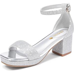 image:imageGirls High Heels Girls Dress Shoes Flower Girl Wedding Party Pageant Prom Formal Dress Sandals Open Toe Ankle Strap Platform Little Big Kids High Heels Chunky PumpsSilver Glitter