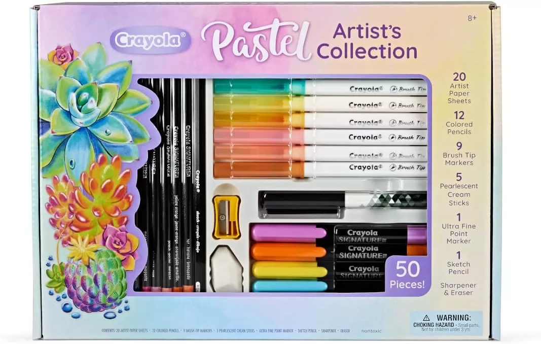 imageCrayola Pastel Colors Art Kit 50pcs Kids Art Set with Pastel Markers ampamp Pencils Art Kit for Girls ampamp Boys Gift for Kids 8Pastel Artist Collection