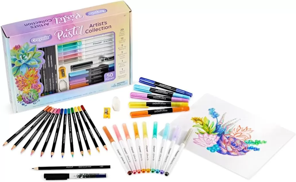 imageCrayola Pastel Colors Art Kit 50pcs Kids Art Set with Pastel Markers ampamp Pencils Art Kit for Girls ampamp Boys Gift for Kids 8Pastel Artist Collection