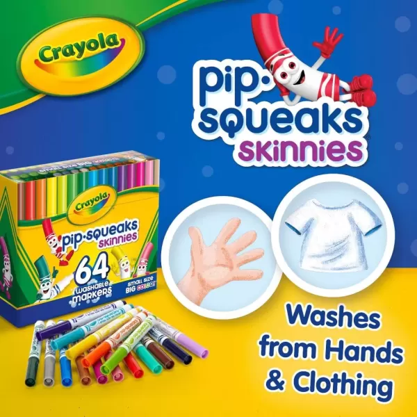 imageCrayola PipSqueaks Skinnies Washable Markers 64ct Mini Markers for Kids Coloring Markers Craft Supplies Kids Holiday Gift 31 Count Pack of 64