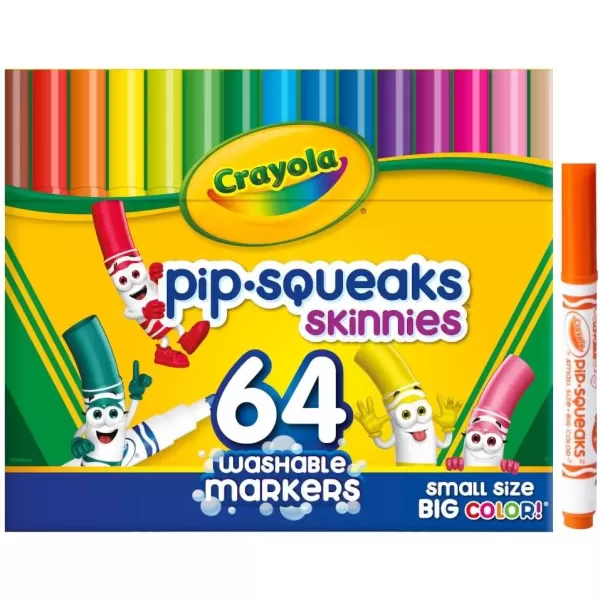 imageCrayola PipSqueaks Skinnies Washable Markers 64ct Mini Markers for Kids Coloring Markers Craft Supplies Kids Holiday Gift 31 Count Pack of 64
