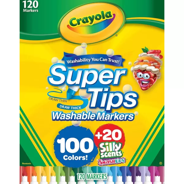imageCrayola Super Tips Marker Set 100 Washable Markers for Kids 20 Scented Markers Bulk Colored Markers for Coloring Books for Kids Amazon Exclusive