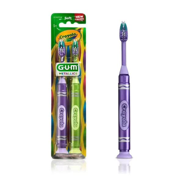 imageGUM Crayola Marker Childrens Toothbrush Soft Bristled Kids Toothbrush Set Age 3 Suction Cup Base 3 CountSoft Bristle Toothbrush