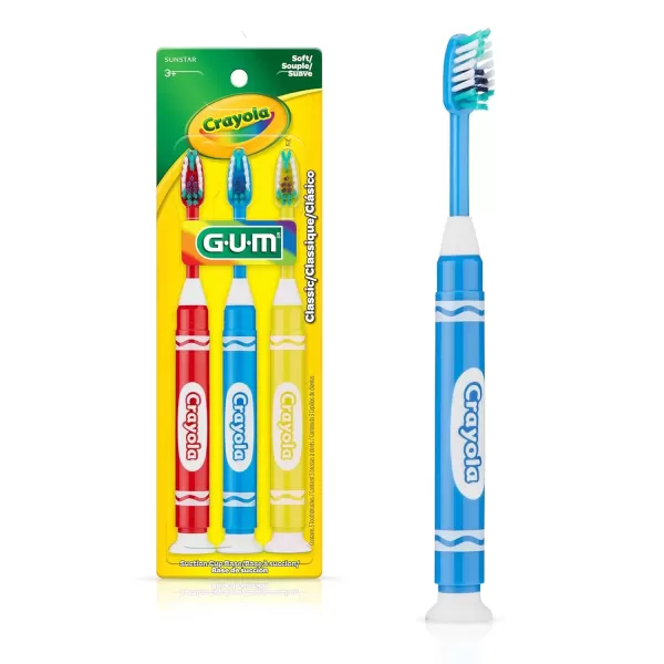 imageGUM Crayola Marker Childrens Toothbrush Soft Bristled Kids Toothbrush Set Age 3 Suction Cup Base 3 CountToothbrush