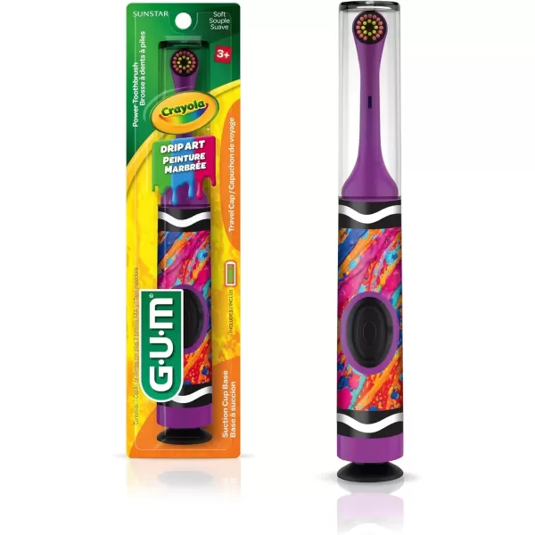 imageGUM Crayola Power Toothbrush for Kids Extra Soft Bristled Toddler Toothbrushes Travel Cap  Suction Cup Base Batteries Included 1ct