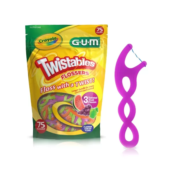 imageGUM Crayola Twistables Kids Flossers with Fluoride  Designed for Little Hands  Three Fun Fruit Flavors  Easy to Use Kids Floss Picks for Children Ages 3 75 ct75 ct