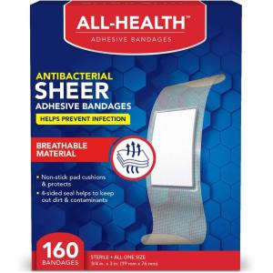 imageAll Health Antibacterial Sheer Adhesive Bandages 34 in x 3 in 160 ct  Helps Prevent Infection Extra Large Comfortable Protection for First Aid and Wound Care160 Count Pack of 1