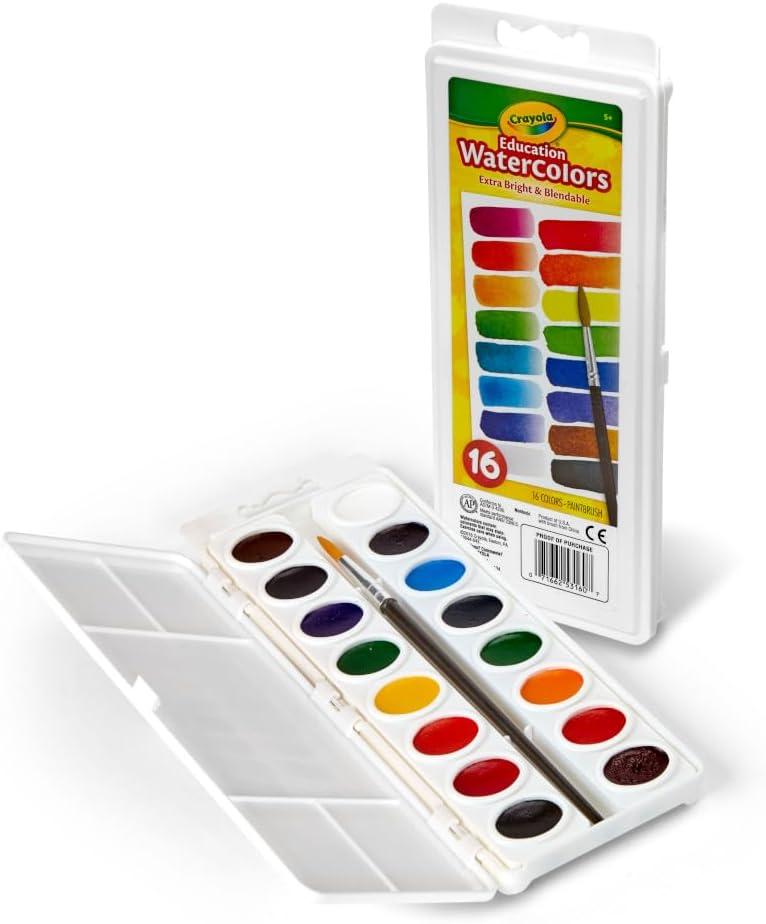 image:imageCrayola Watercolor Paint Set 16 Count Washable Paint for Kids 1 Paint Brush Arts amp Crafts Supplies Assorted Colors Ages 4