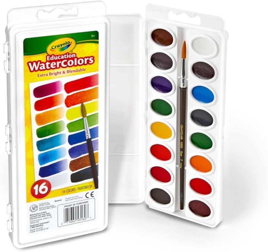 image:imageCrayola Watercolor Paint Set 16 Count Washable Paint for Kids 1 Paint Brush Arts amp Crafts Supplies Assorted Colors Ages 4