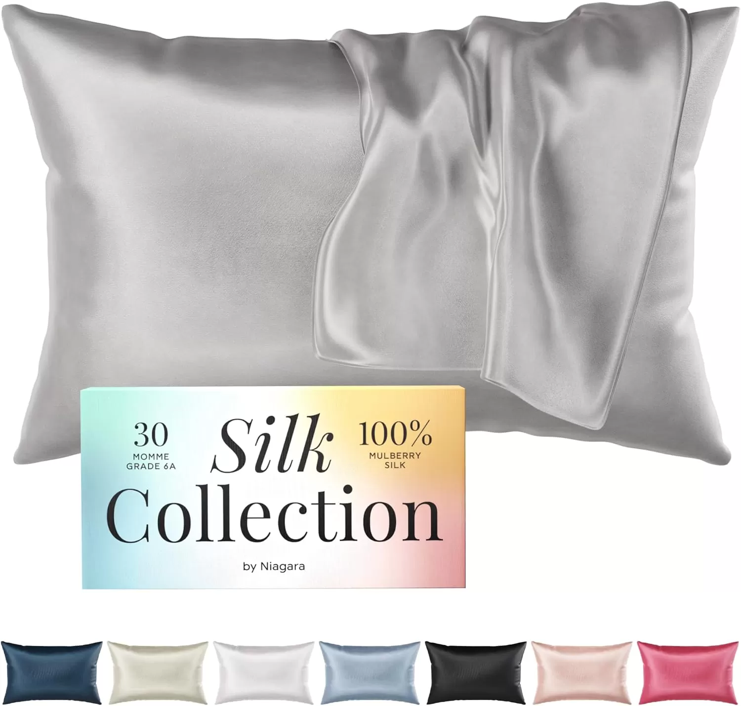 imageNiagara 100 Mulberry Silk Pillowcase  30 Momme Silk Pillow case for Hair and Skin  Grade 6A Silk Pillow Cases with Zipper  Soft ampamp Cooling Black Silk Pillowcase Queen Size 20quotx30quotGrey