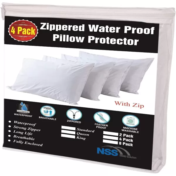 imageNiagara 4 Pack Waterproof Pillow Protectors King 20x36 Extra Soft Non Noisy Inches Smooth Zipper Premium Encasement Covers Quiet Cases Set White 100 Liquid Protection 100Gsm Super Soft