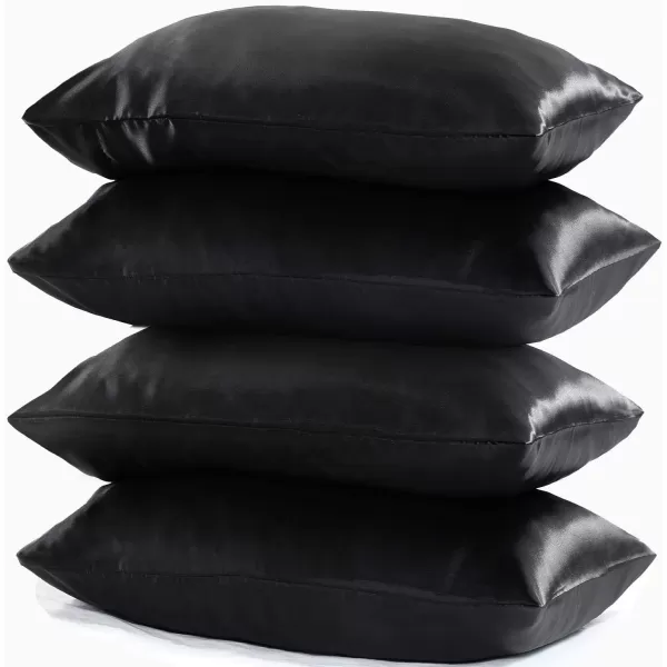 imageNiagara Black Satin Standard Pillow Cases Protectors 4 Pack with Zip Luxury 20x26inches 100 Satin Hair and Skin Care Zippered Pillow Covers UltraSoft