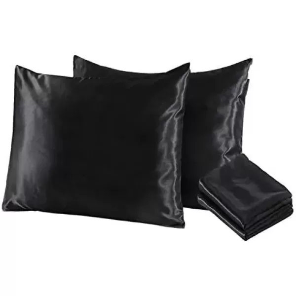 imageNiagara Black Satin Standard Pillow Cases Protectors 4 Pack with Zip Luxury 20x26inches 100 Satin Hair and Skin Care Zippered Pillow Covers UltraSoft
