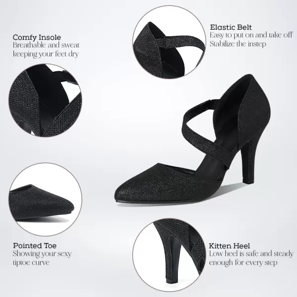 Uacllcau Women’s High Heeled Pumps for Women Kitten Heel Closed Pointed Toe Sandals with Elastic Strap Cutout Glitter Pumps Slip-on Party Bridal Pumps
