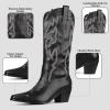 imageUacllcau Cowboy Boots for Women Western Boots Platform Knee High Cowgirl Boots Embroidered Chunky Heel Square Toe Pull Tab Mid Calf BootsBlack2