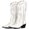 imageUacllcau Cowboy Boots for Women Western Boots Platform Knee High Cowgirl Boots Embroidered Chunky Heel Square Toe Pull Tab Mid Calf BootsWhite2