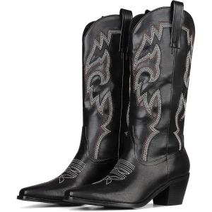 imageUacllcau Cowboy Boots for Women Western Boots Platform Knee High Cowgirl Boots Embroidered Chunky Heel Square Toe Pull Tab Mid Calf BootsBlack2