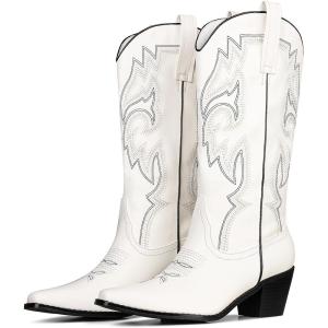 imageUacllcau Cowboy Boots for Women Western Boots Platform Knee High Cowgirl Boots Embroidered Chunky Heel Square Toe Pull Tab Mid Calf BootsWhite2
