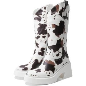 imageUacllcau Cowprint Western Boots for Women Cowboy Boots Embroidery Knee High Boots Pull Tab Round Toe Platform Boots